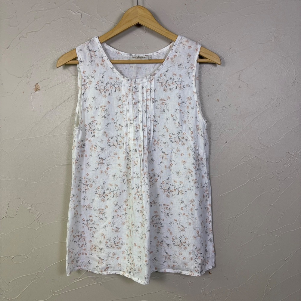 Laura Bianchi Floral Linen Tank Top Women Small White Pintuck Cottage Italy